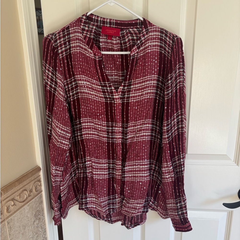 Jennifer Lopez Burgundy Plaid Blouse